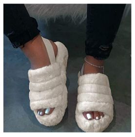 Women Fur Wedge Slippers with Ankle Elastic Band Open Toe Winter Slides Home Slipper Plush Slip-on Fluffy Warm Indoor Slippers Comfortable (Color: Beige, size: 36)