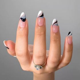24Pcs Fake Nails With Glue Full Cover Nail Tips Press On Med Nails DIY Manicure Oval False Nails Almond Artificial (Color: 7)