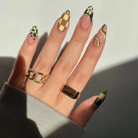 24Pcs Fake Nails With Glue Full Cover Nail Tips Press On Med Nails DIY Manicure Oval False Nails Almond Artificial (Color: 4)